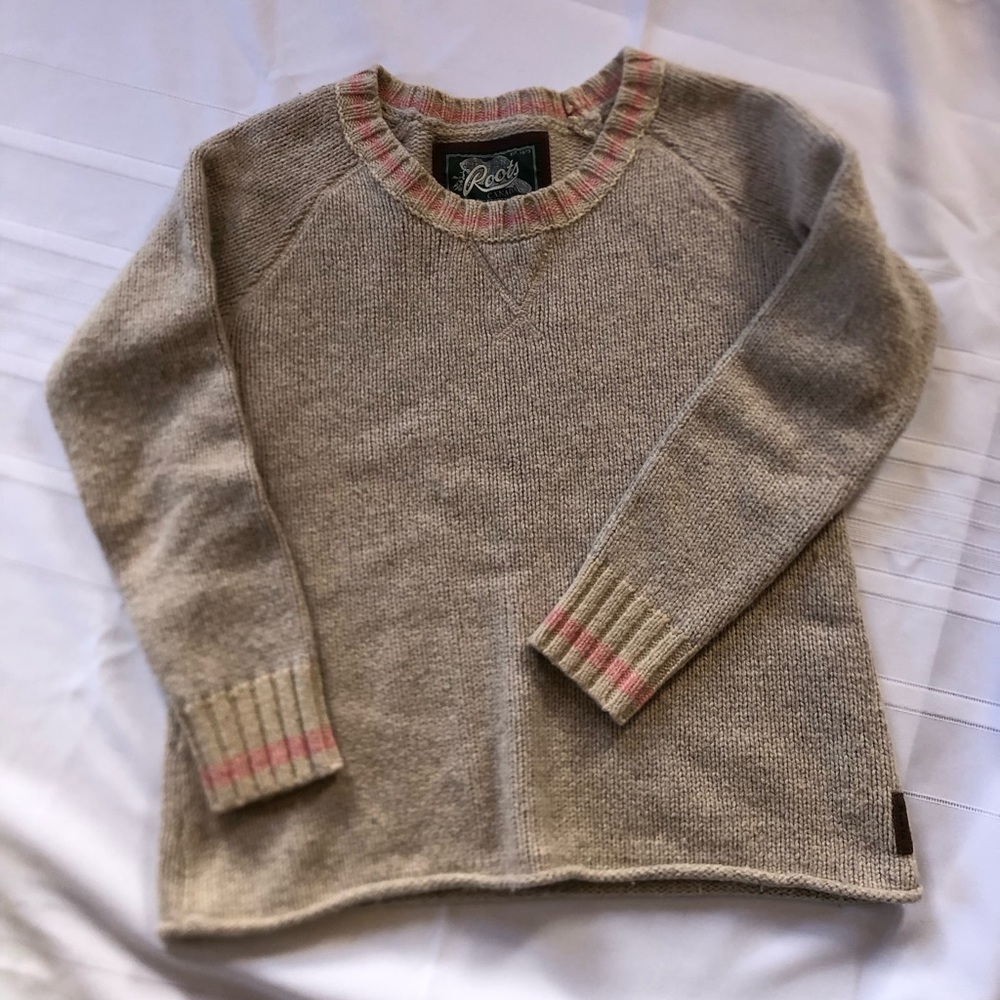 Roots Oatmeal Knit Sweater with Pink Trim